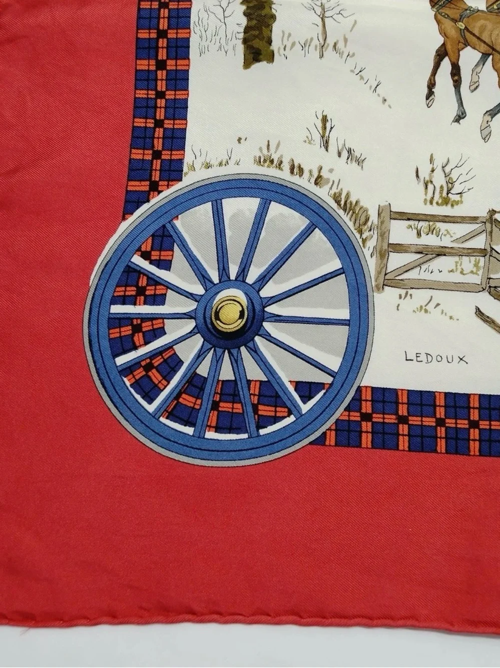 Authentic Hermès Horse Carriage Street Winter Field Red Blue White Silk Scarf 90